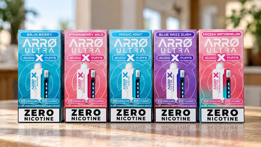 Plant-based vape ingredients including vegetable glycerin, propylene glycol, and fruit flavor extracts